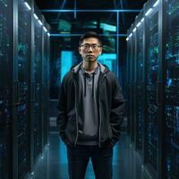 Generative AI young asian engineer in a data centre photo