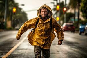 Generative AI man as he navigates through a tropical storm, bravely facing both heavy rain and an incredibly strong wind photo