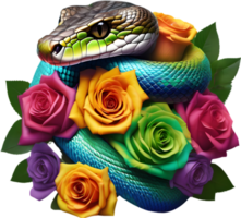 a rainbow snake tangled in a bouquet of roses. AI-Generated. png