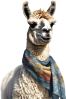 A close-up painting of a sassy llama with a scarf. AI-Generated. png