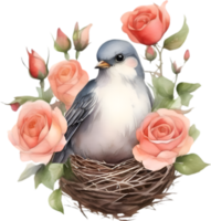 en målning av en fågel skuggning ägg i en bo tillverkad från blommor. ai-genererad. png