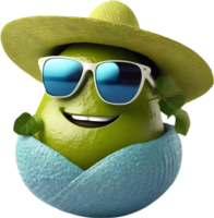 A smiling avocado with sunglasses and a beach hat. AI-Generated. png
