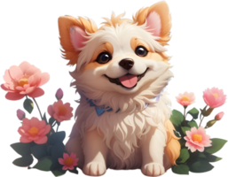 a cute dog with flowers surrounding it. AI-Generated. png