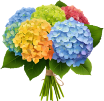 Close-up of beautiful colorful Hydrangeas with leaves. AI Generated. png