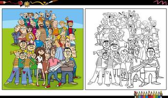 crowd of funny comic people characters group coloring page vector