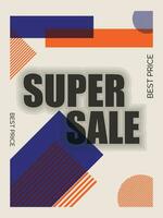 Vector super sale banner in avant-garde style with text and geometric shapes and lines.