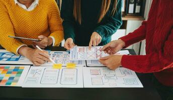 UX graphic designer planning application process development prototype wireframe for web smart phone. Creative digital development agency. photo