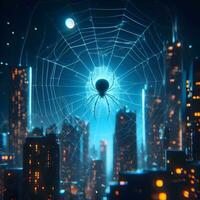 Enchanting Nocturnal Tapestry, A Dazzling Universe Where Spiders Weave Luminous Threads. AI Generated photo