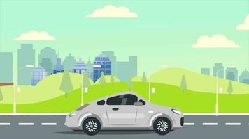 animiert Video von ein Auto Fahren gegen ein modern Stadt Hintergrund