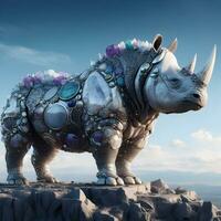 Monolithic Majesty, Behold a Majestic Rhinoceros Adorned in Crystal Armor. AI Generated photo