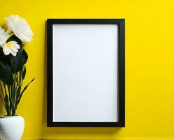 White blank frame mockup on yellow wall and flower ai generate photo