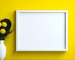 White blank frame mockup on yellow wall and flower ai generate photo