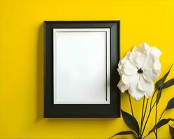 White blank frame mockup on yellow wall and flower ai generate photo