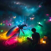 Enchanting Nocturnal Symphony, A Surreal Ballet of Firefly Beetles Illuminating the Cosmos with a Kaleidoscope of Hues. AI Generated photo