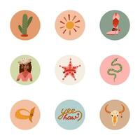 Trendy and cozy round highlights for different social media, blogs, business, branding with Wild West illustrations. Cover icons for stories with cowboy western vector clipart in warm colors