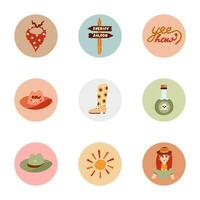 Trendy and cozy round highlights for different social media, blogs, business, branding with Wild West illustrations. Cover icons for stories with cowboy western vector clipart in warm colors