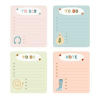 Cute hand drawn set with notebook templates for to do, to buy list, note with cowboy and western illustrations. Printable, editable diary elements for weekly planner, bullet journal, school schedule. vector