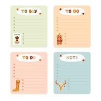 Cute hand drawn set with notebook templates for to do, to buy list, note with cowboy and western illustrations. Printable, editable diary elements for weekly planner, bullet journal, school schedule. vector