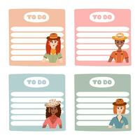 Cute hand drawn set with notebook templates for to do, to buy list, note with cowboy and western illustrations. Printable, editable diary elements for weekly planner, bullet journal, school schedule. vector