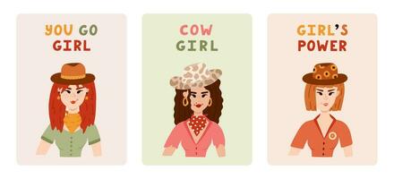 Set of cute greeting cards about girl power, feminism, cowgirl. Poster with hand drawn illustration in wild west and cowboy theme. Postcard template with motivational lettering about women vector