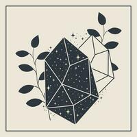 Line art healing crystal and starry sky esoteric elements. Healing herbs vector illustration