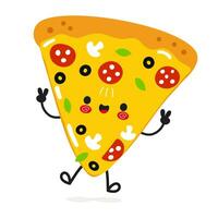 Cute funny Slice of pizza jumping character. Vector hand drawn cartoon kawaii character illustration icon. Isolated on white background. Pizza character concept