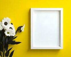 White blank frame mockup on yellow wall and flower ai generate photo