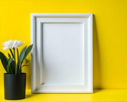 White blank frame mockup on yellow wall and flower ai generate photo