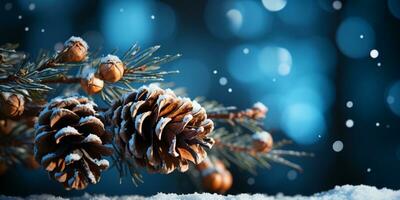 Christmas snowy winter holiday celebration greeting card - Closeup of oine branch with pine cones and snow, defocused blurred background with blue sky and bokeh lights and snowflakes photo