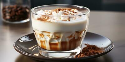 coffee in a transparent glass, a cup with milk foam photo