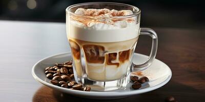 coffee in a transparent glass, a cup with milk foam photo