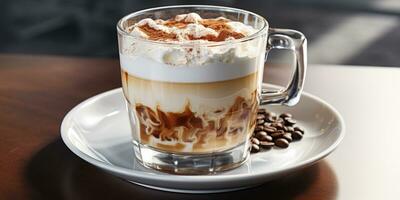 coffee in a transparent glass, a cup with milk foam photo