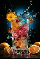 colorful cocktail with ice, fruit, splashes on a dark background photo