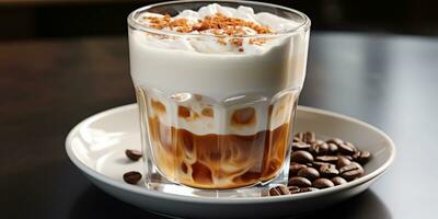 coffee in a transparent glass, a cup with milk foam photo