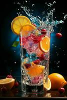 colorful cocktail with ice, fruit, splashes on a dark background photo