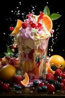 milkshake in a clear glass of fruit in the background with milk splashes and drops photo