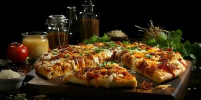 Pizza con extensión queso en un de madera mesa en un negro antecedentes foto