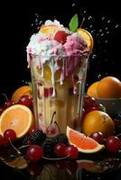 milkshake in a clear glass of fruit in the background with milk splashes and drops photo