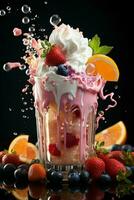 milkshake in a clear glass of fruit in the background with milk splashes and drops photo