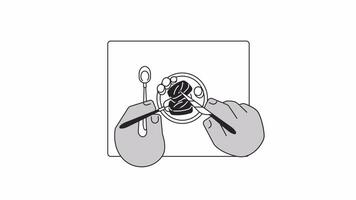 Eating cranberry roast turkey meal bw cartoon animation. Thanksgiving dinner plate 4K video motion graphic. Fork knife cutting meat 2D monochrome line animated hands isolated on white background