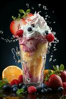 milkshake in a clear glass of fruit in the background with milk splashes and drops photo