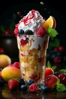 milkshake in a clear glass of fruit in the background with milk splashes and drops photo