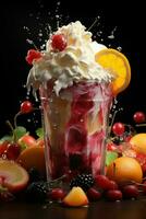 milkshake in a clear glass of fruit in the background with milk splashes and drops photo