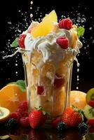milkshake in a clear glass of fruit in the background with milk splashes and drops photo