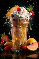 milkshake in a clear glass of fruit in the background with milk splashes and drops photo