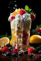 milkshake in a clear glass of fruit in the background with milk splashes and drops photo