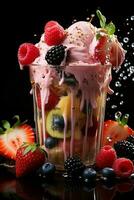 milkshake in a clear glass of fruit in the background with milk splashes and drops photo