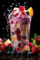 milkshake in a clear glass of fruit in the background with milk splashes and drops photo