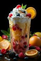 milkshake in a clear glass of fruit in the background with milk splashes and drops photo