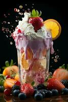 milkshake in a clear glass of fruit in the background with milk splashes and drops photo